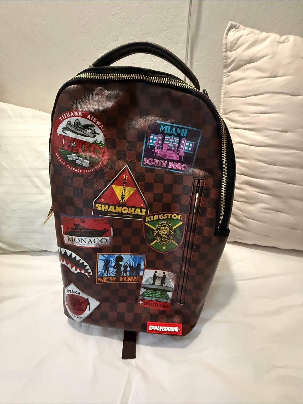 Sprayground Brown Checkerboard Travel Patch Backpack
